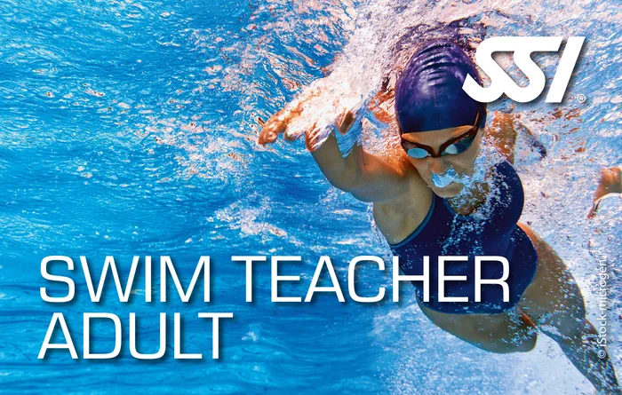 SSI Swim Teacher Adult certification card showing an adult student working with a professional swim coach on technique and confidence