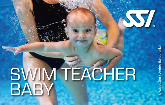 SSI Swim Teacher Baby and Toddler certification card showing an infant in a water familiarisation session with a swim instructor