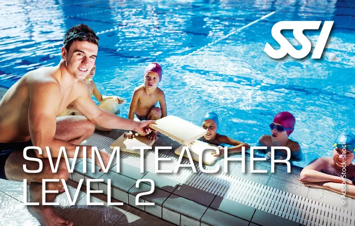 SSI Swim Teacher Level 2 certification card showing a child developing proper swimming stroke technique with a qualified instructor