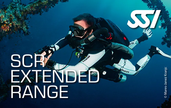 Advanced SCR diver conducting an extended-range dive in the deep waters of the Andaman Sea, Thailand