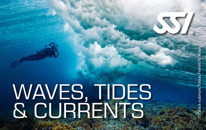 Diver in current at an Andaman Sea dive site — Waves Tides and Currents specialty
